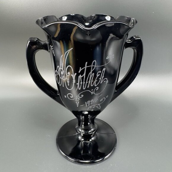 L E Smith Black Amethyst Glass Dancing Nymphs Trophy Glass Vase Etched Vintage - Picture 9 of 14